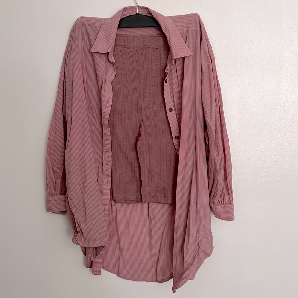 Free People Pink Striped Pajama Set with Oversized Button Down and Biker Shorts